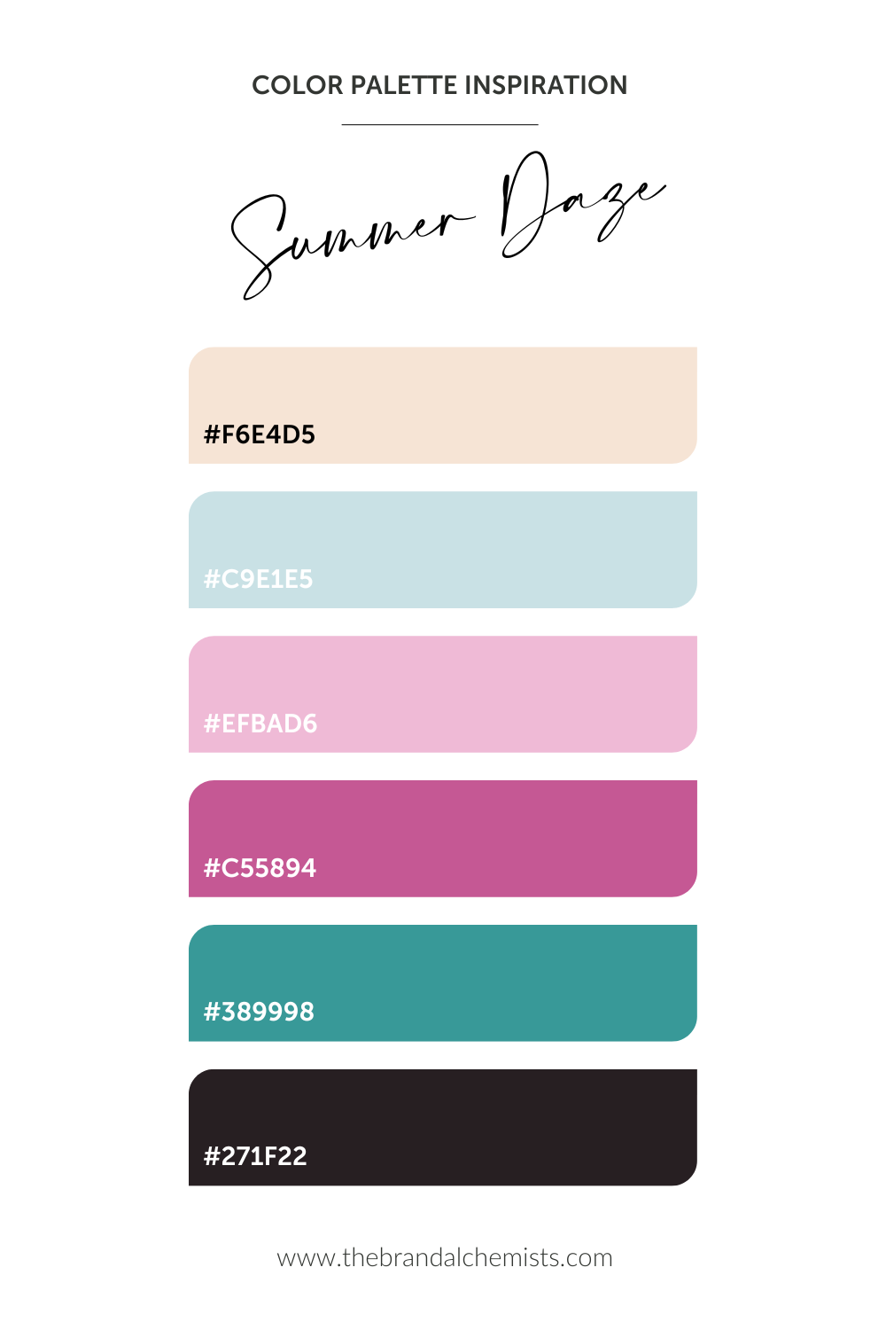 Hex color breakdown for the Summer Daze palette: #F6E4D5 (peach), #C9E1E5 (aqua), #EFBAD6 (blush), #C55894 (pink), #389998 (teal), #271F22 (navy black) — a bright, retro summer vibe.