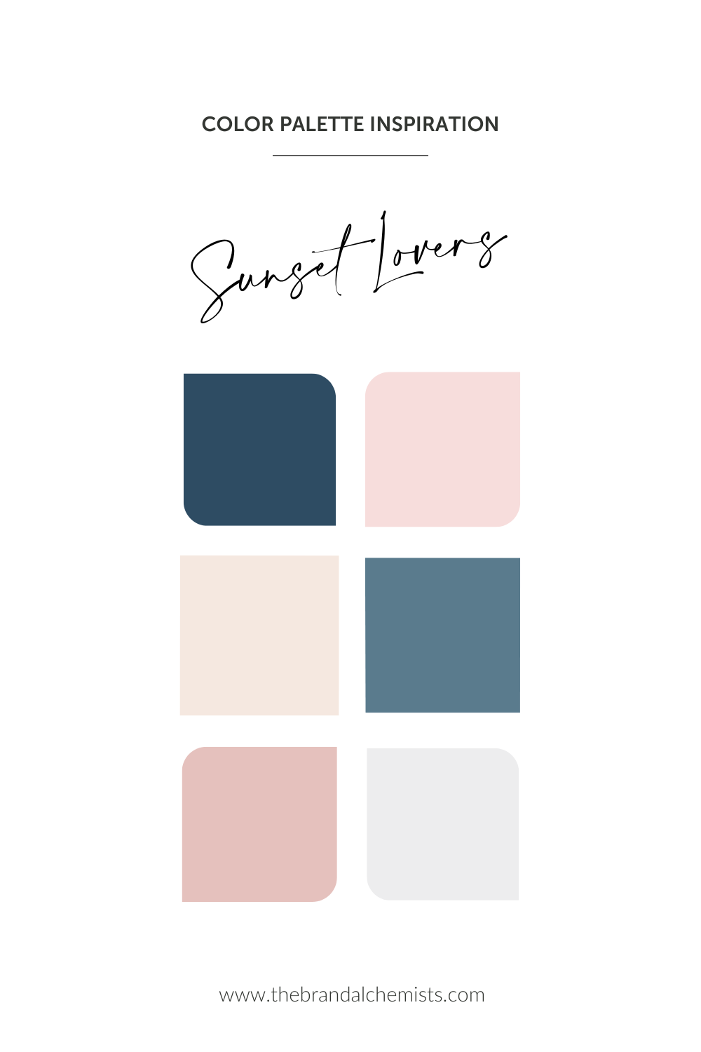 Sunset Lovers color palette featuring navy blue, dusty pink, muted terracotta, soft blush, and pale neutral tones for elegant and coastal-inspired branding.