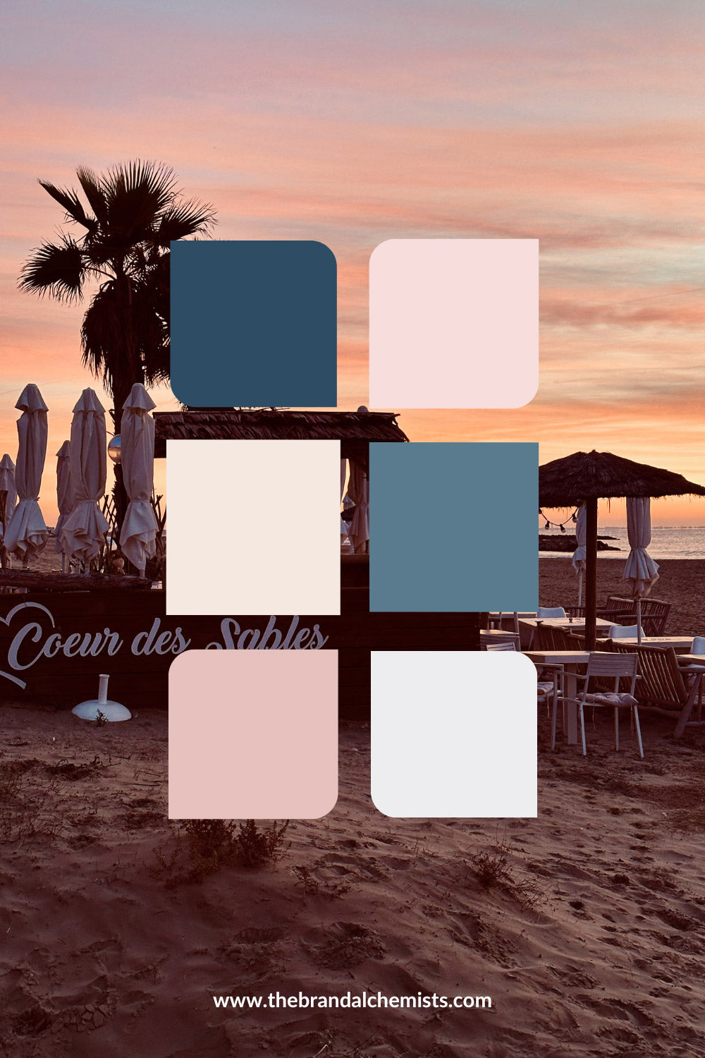Color palette overlay on Mediterranean beach sunset scene with parasols and palm trees, showcasing warm blush and ocean blue tones inspired by the evening light.