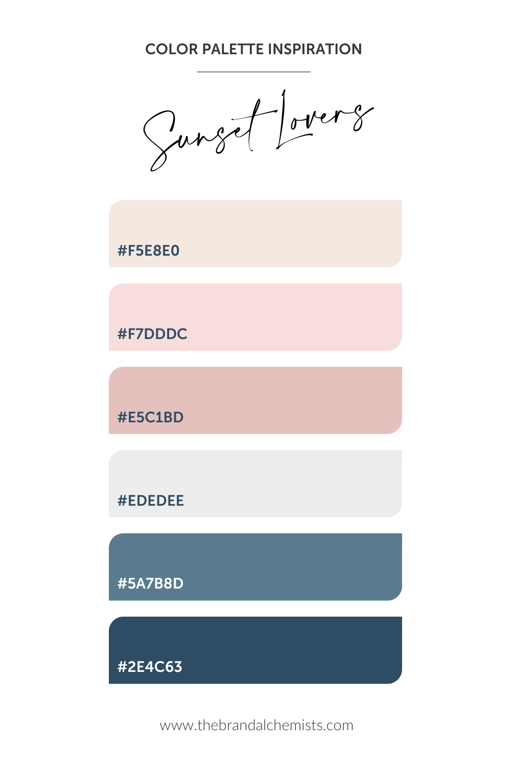 Full HEX code chart for the Sunset Lovers color palette with blush, dusty rose, soft neutral, slate blue, and navy tones for brand and web design.