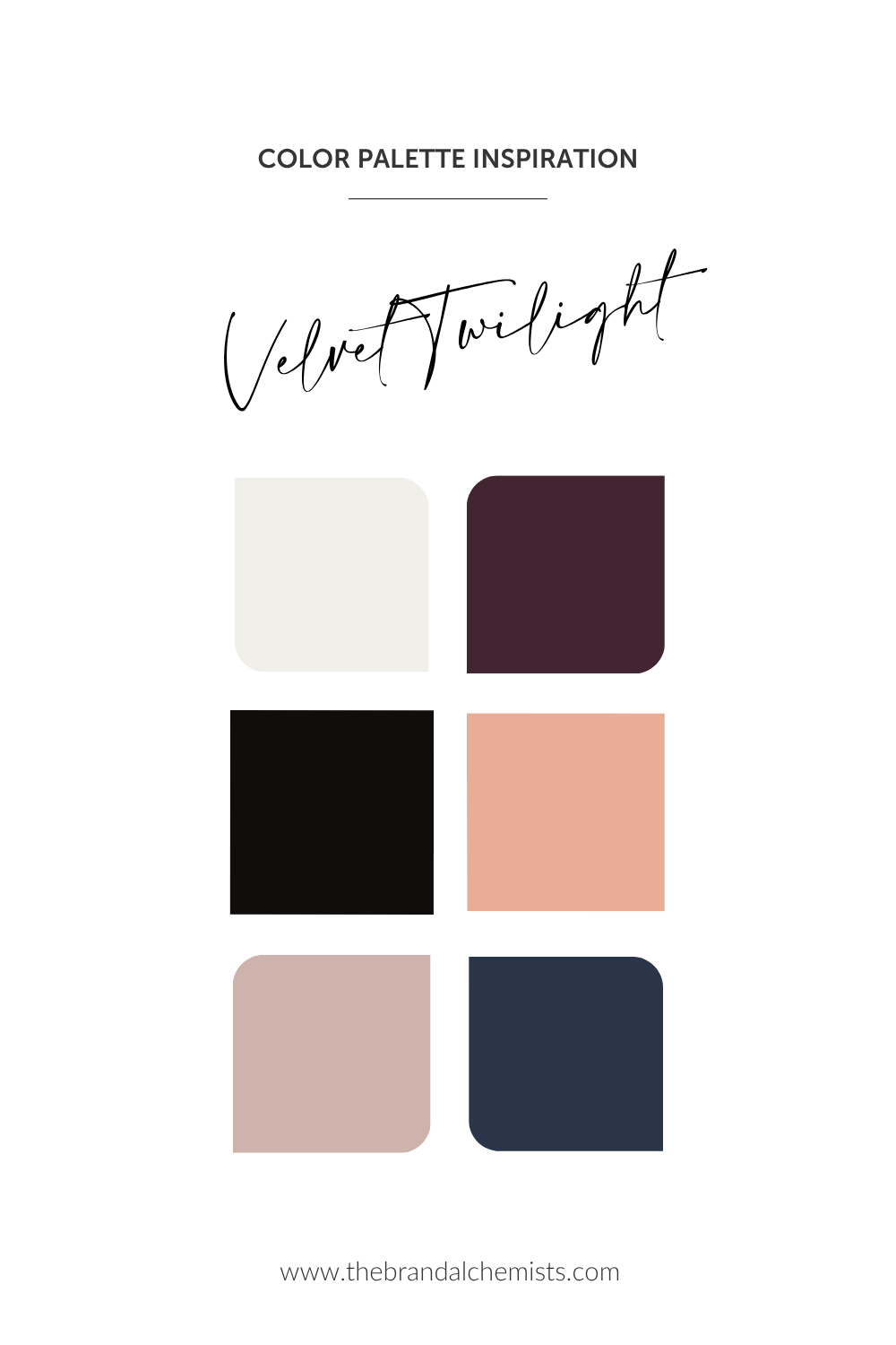 A color palette inspiration graphic titled 'Color Palette Inspiration' with the script text 'Velvet Twilight' above six rounded square color swatches arranged in two columns. The swatches include off-white, deep plum, black, blush peach, dusty blush, and navy.