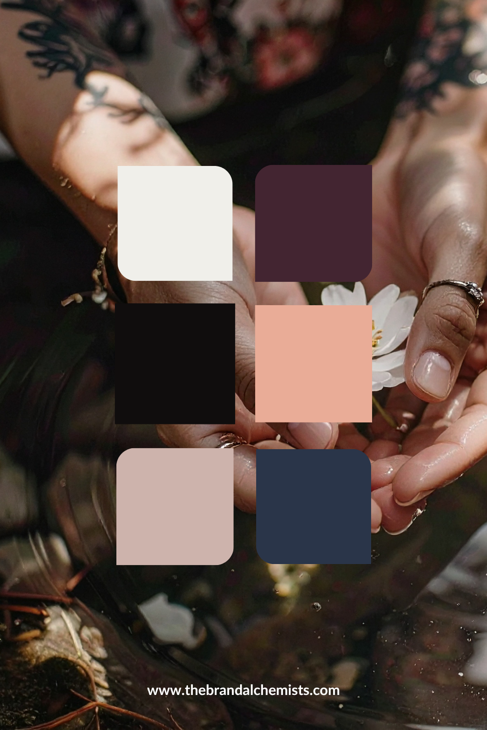 A color palette graphic with six rounded square color swatches overlaid on a lifestyle background of hands holding a white flower. The swatches are white, deep plum purple, black, peach pink, dusty blush pink, and navy blue.