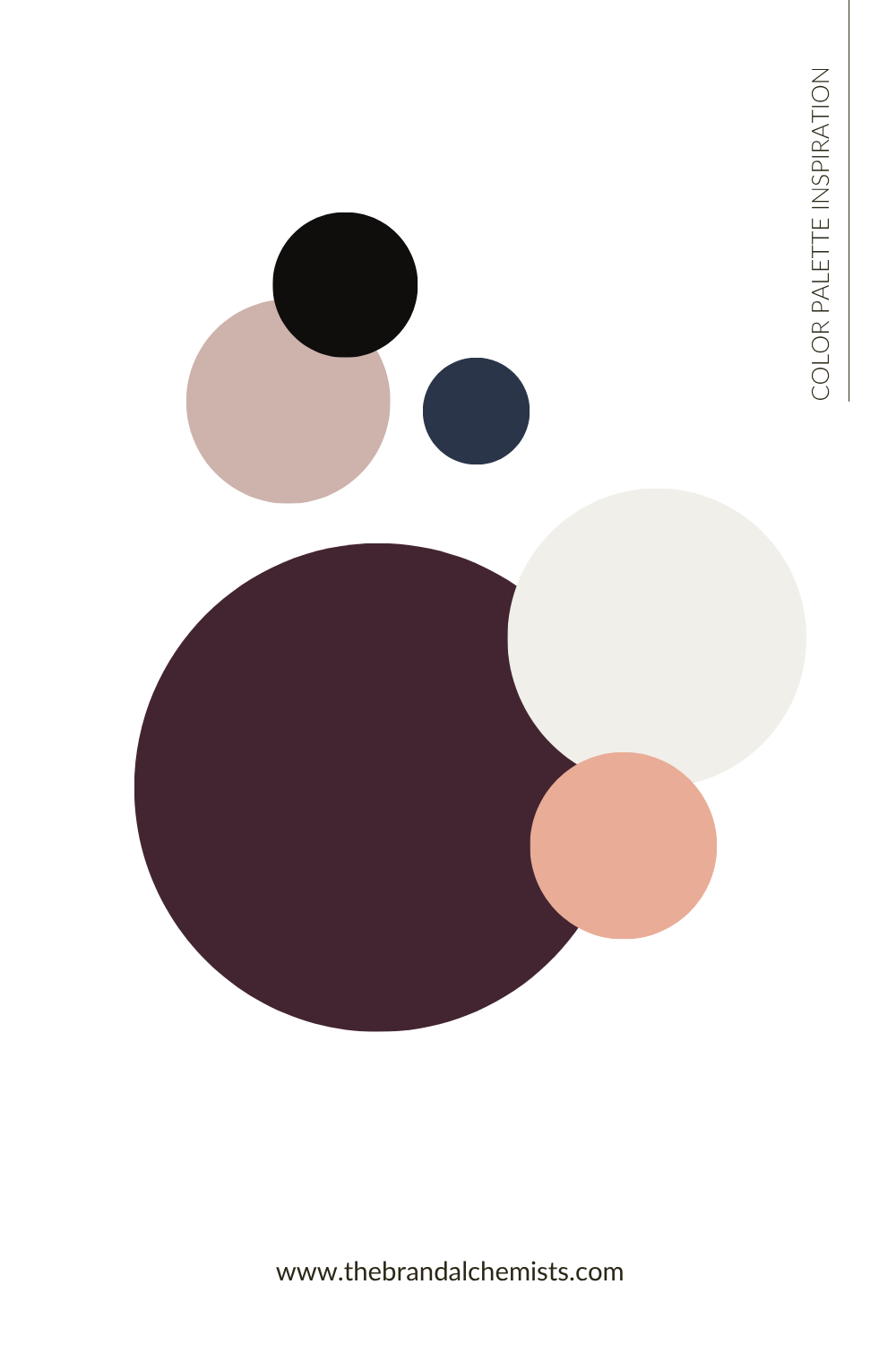 A minimalist color palette inspiration graphic featuring overlapping circles in black, dusty pink, navy, cream, and terracotta on a white background, with the text 'COLOR PALETTE INSPIRATION' and 'www.thebrandalchemists.