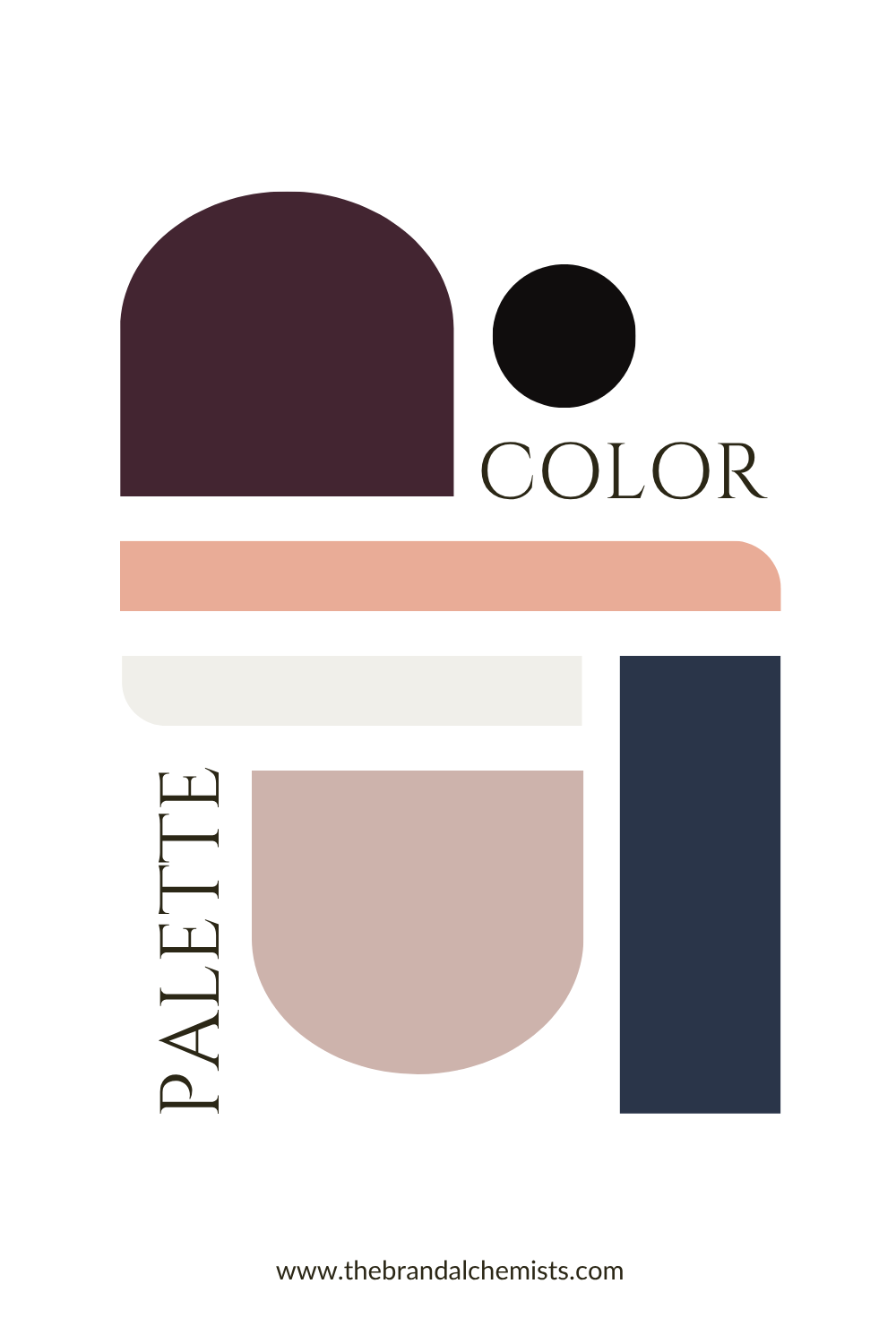 A minimalist color palette graphic on a white background with abstract color blocks and the words 'COLOR PALETTE.' The palette includes a dark plum shape, a black circle, a blush pink rounded rectangle, a white rectangle, a dusty blush semicircle, and a dark navy rectangle.