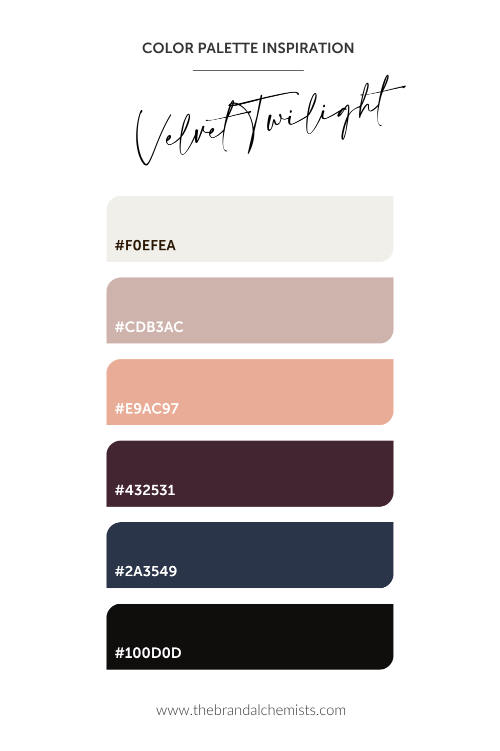 A color palette card titled 'Color Palette Inspiration Velvet Twilight' showing six horizontal swatches with hex codes: off-white, dusty blush, peach, deep burgundy, navy, and black. The website 'www.