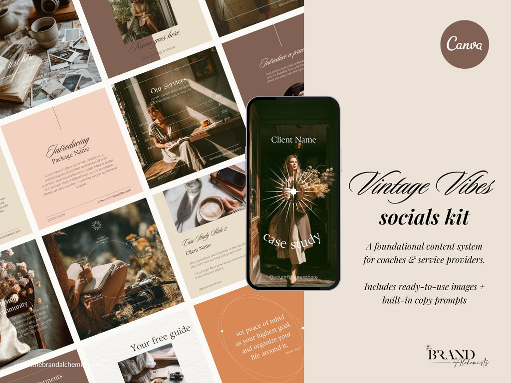 Vintage Vibes Canva templates displayed in a moody vintage layout