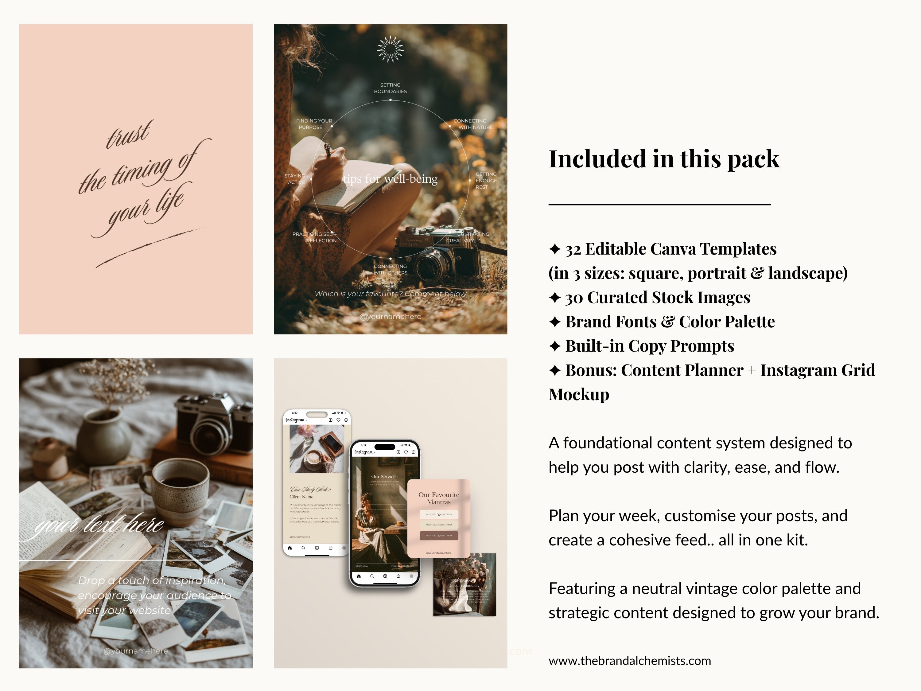 A grid of photos showing templates included in the pack accompanied by text with a written list of inclusions