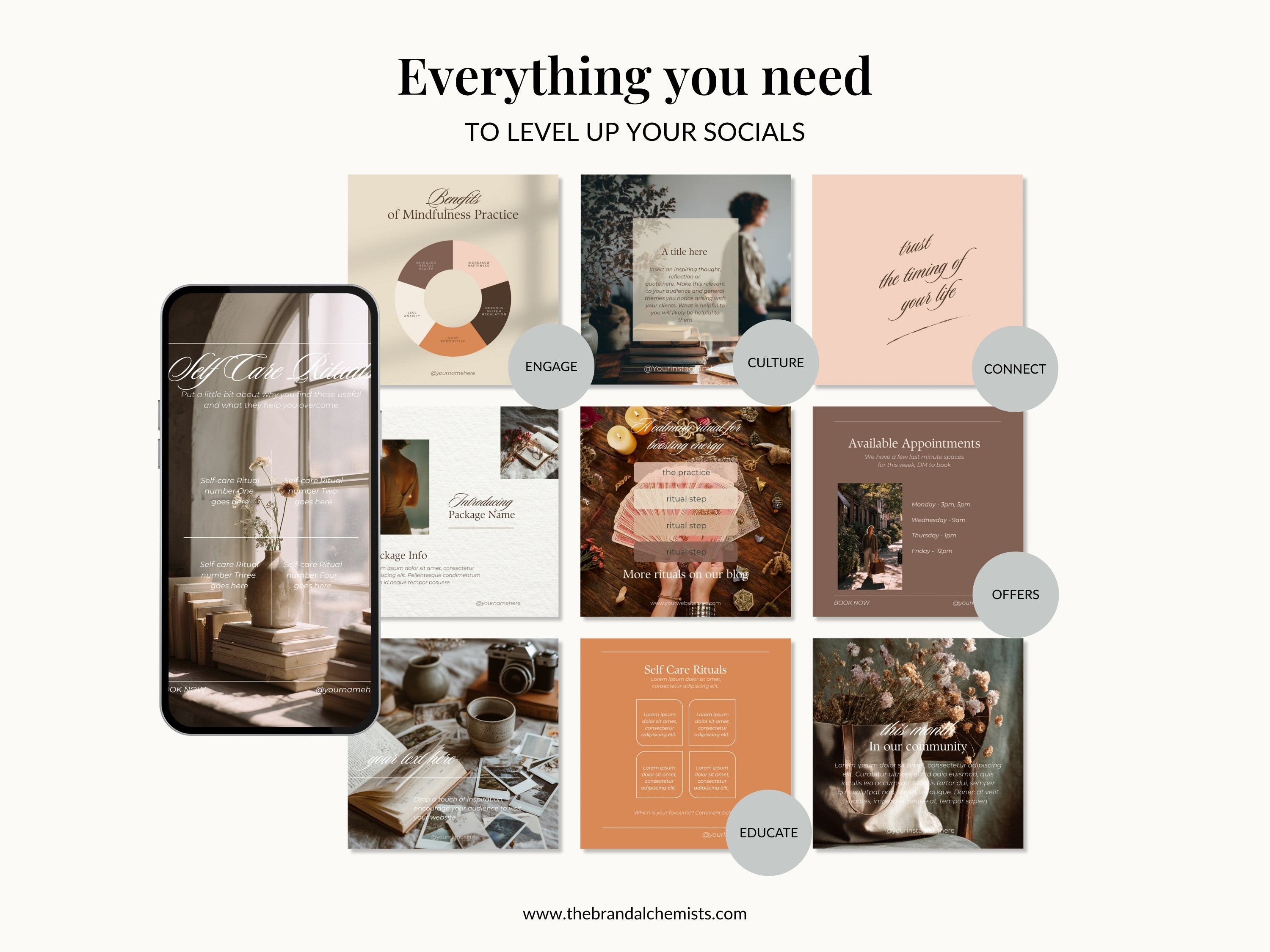 Collection of social media graphics with text overlay showing the five content pillars included in the pack