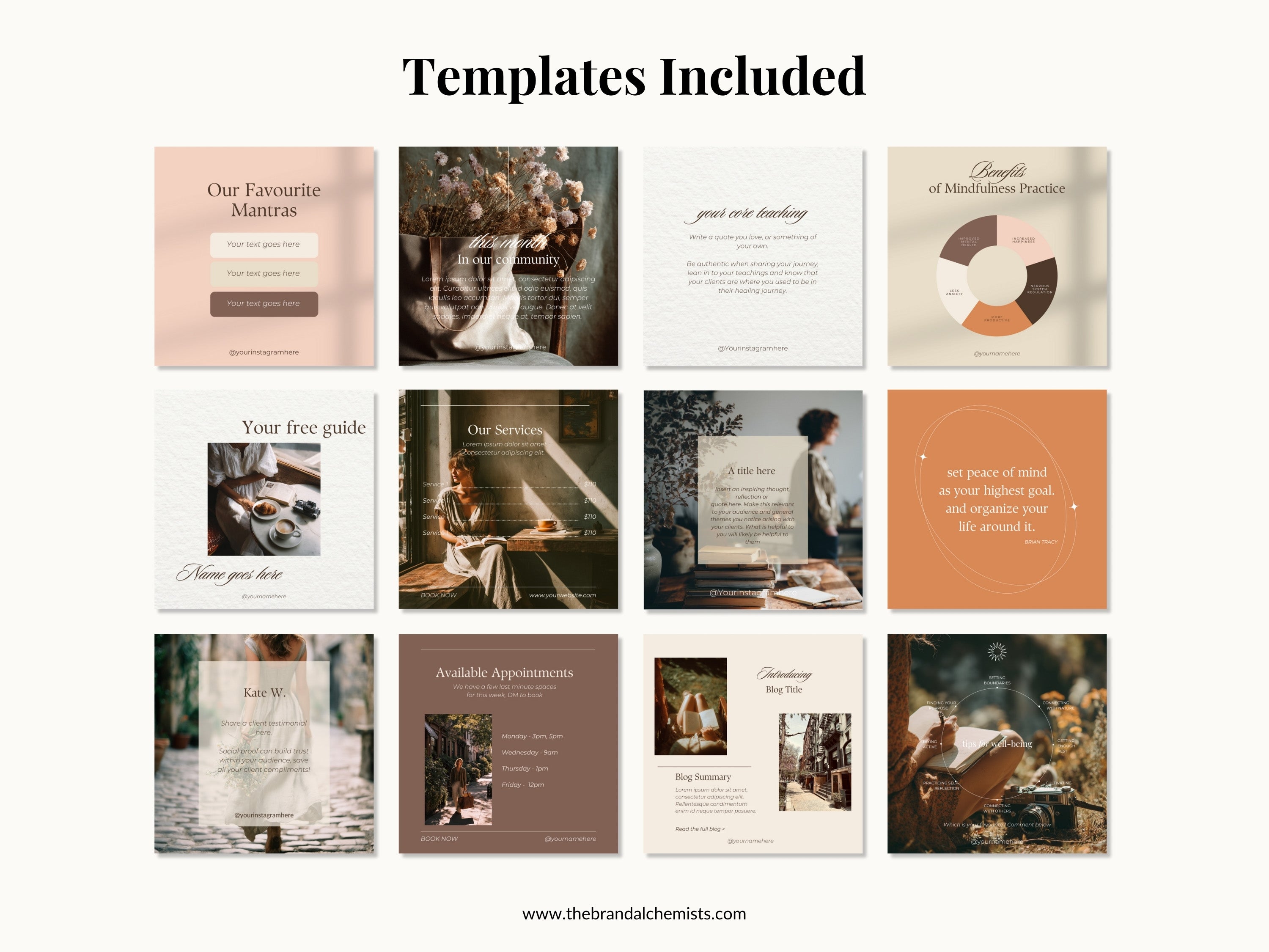 Collection of design templates included in the Vintage Vibes pack with various layouts and styles on a white background.