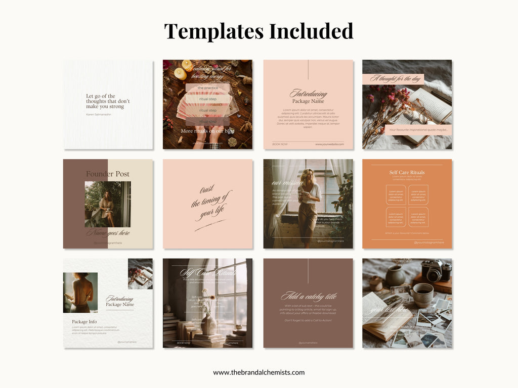 Collection of design templates from the Vintage Vibes Template Pack with various layouts and styles on a white background.