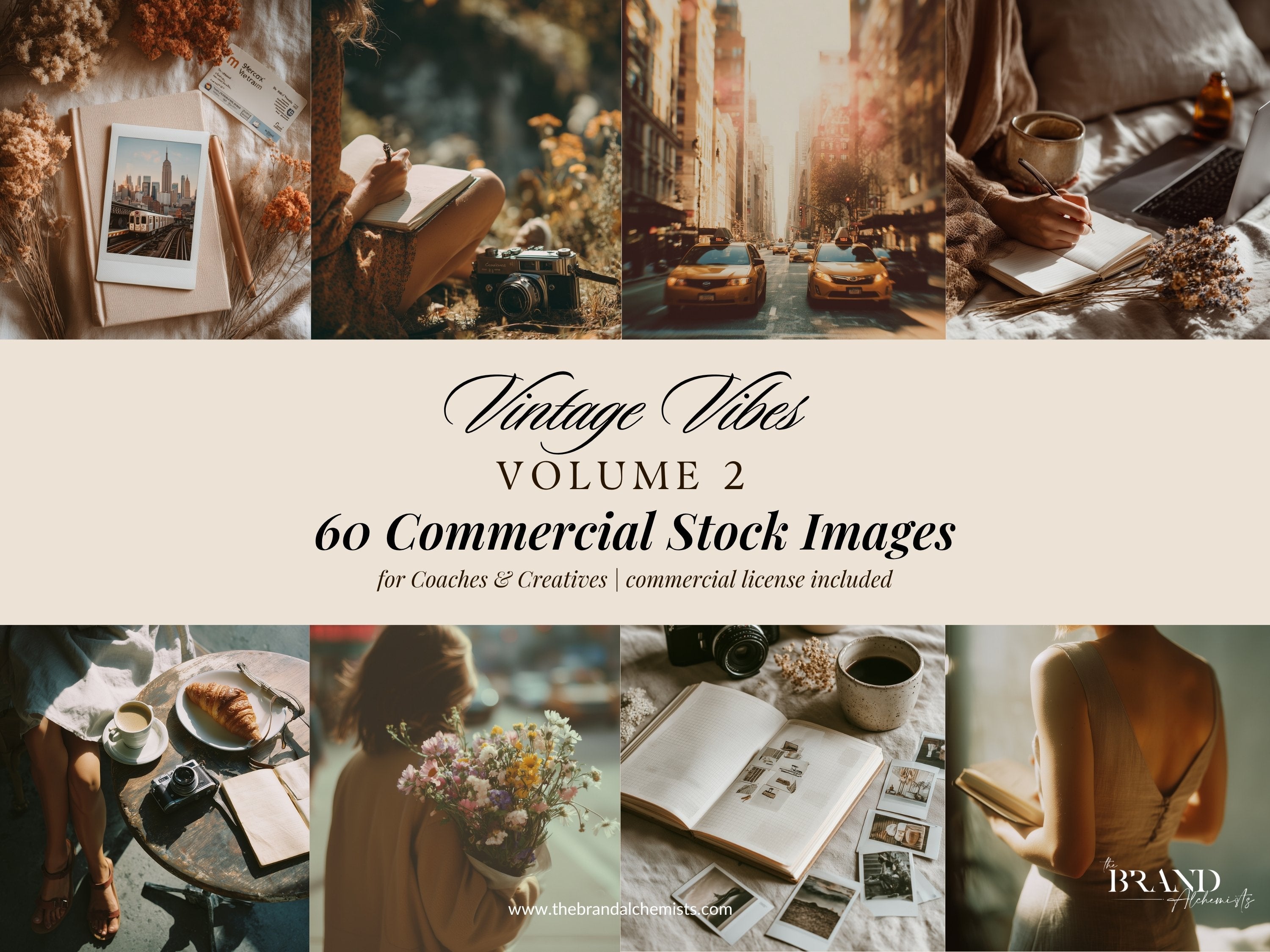 Collage preview of 60 moody vintage lifestyle stock photos featuring books, cafés, florals, and warm city scenes.