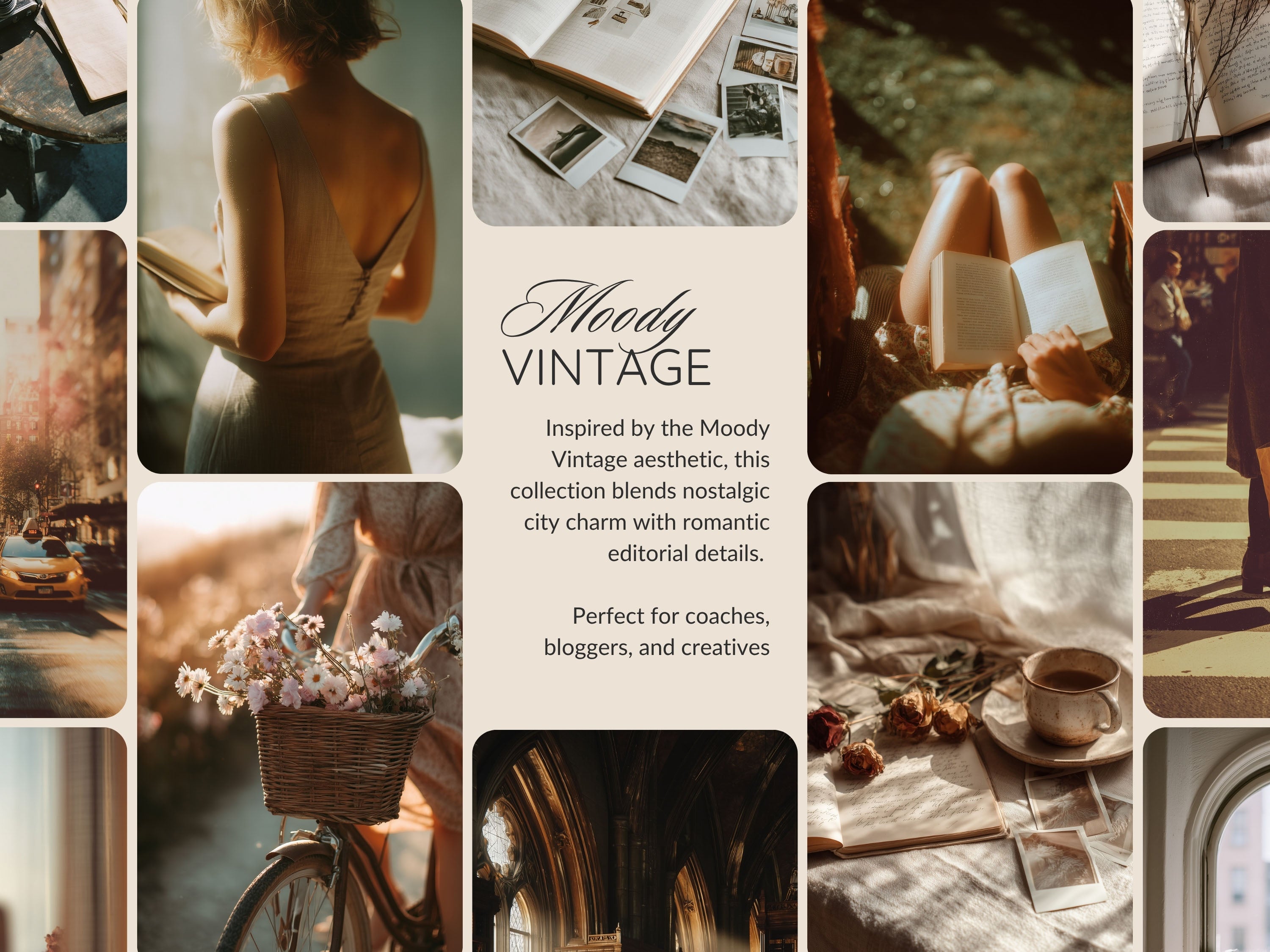 Collage of images with text describing a 'Moody Vintage' aesthetic, featuring nostalgic and aspirational stock images for coaches and creatives.